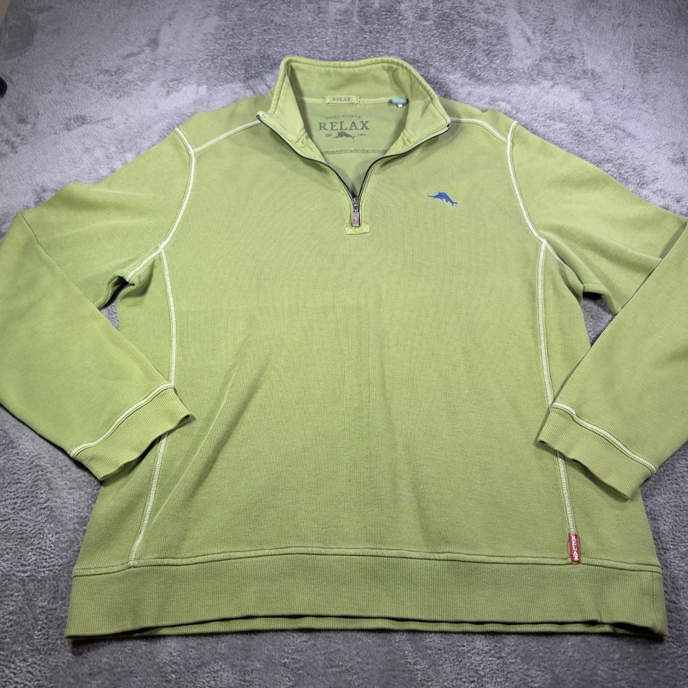 Tommy Bahama Relax Mens XL Quarter Zip Pullover Lime Green Ribbed Cotton Sweater